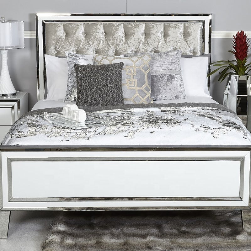 modern luxury upholstery tufted headboard queen king double silver mirrored bed for bedroom frame furniture set