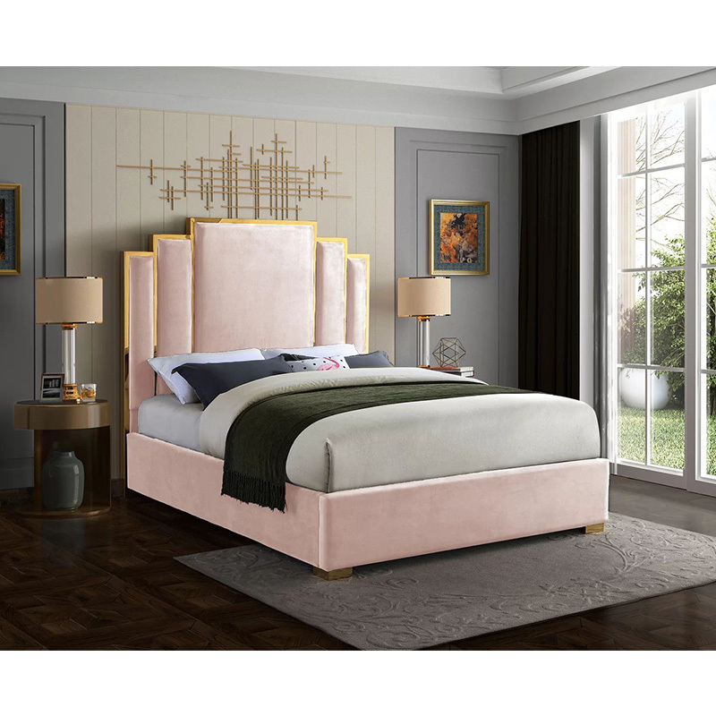 Modern Hotel Wooden King Size Timber Bed Frame Pink Upholstered Queen Size Comforter Set Tufted bed