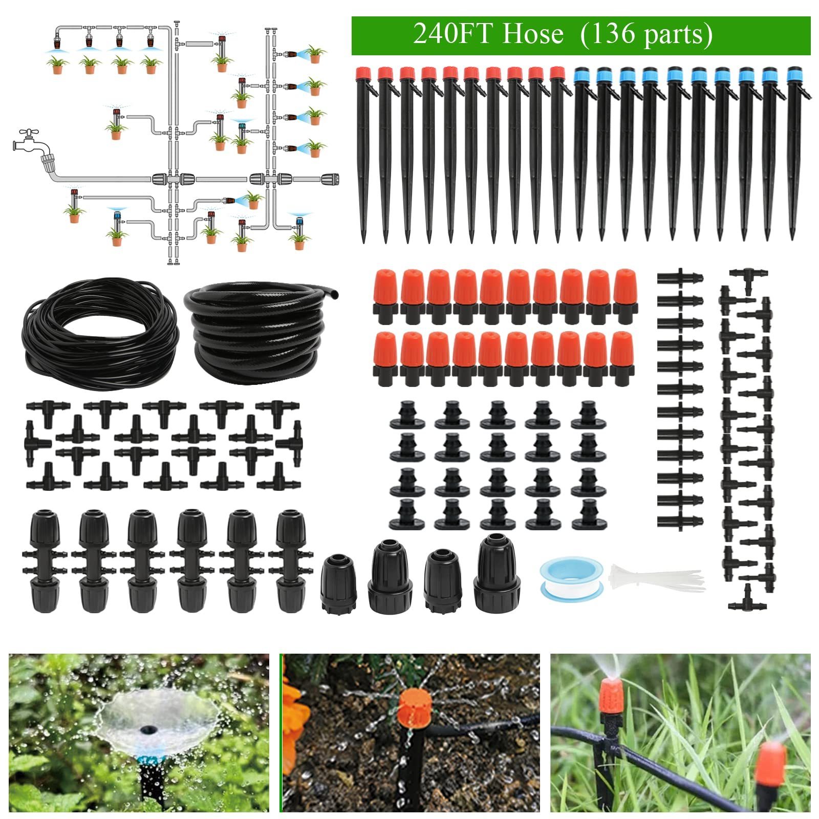 240FT Drip Irrigation System Kit, Automatic Garden Watering Misting System for Greenhouse, Yard, Lawn, Plant