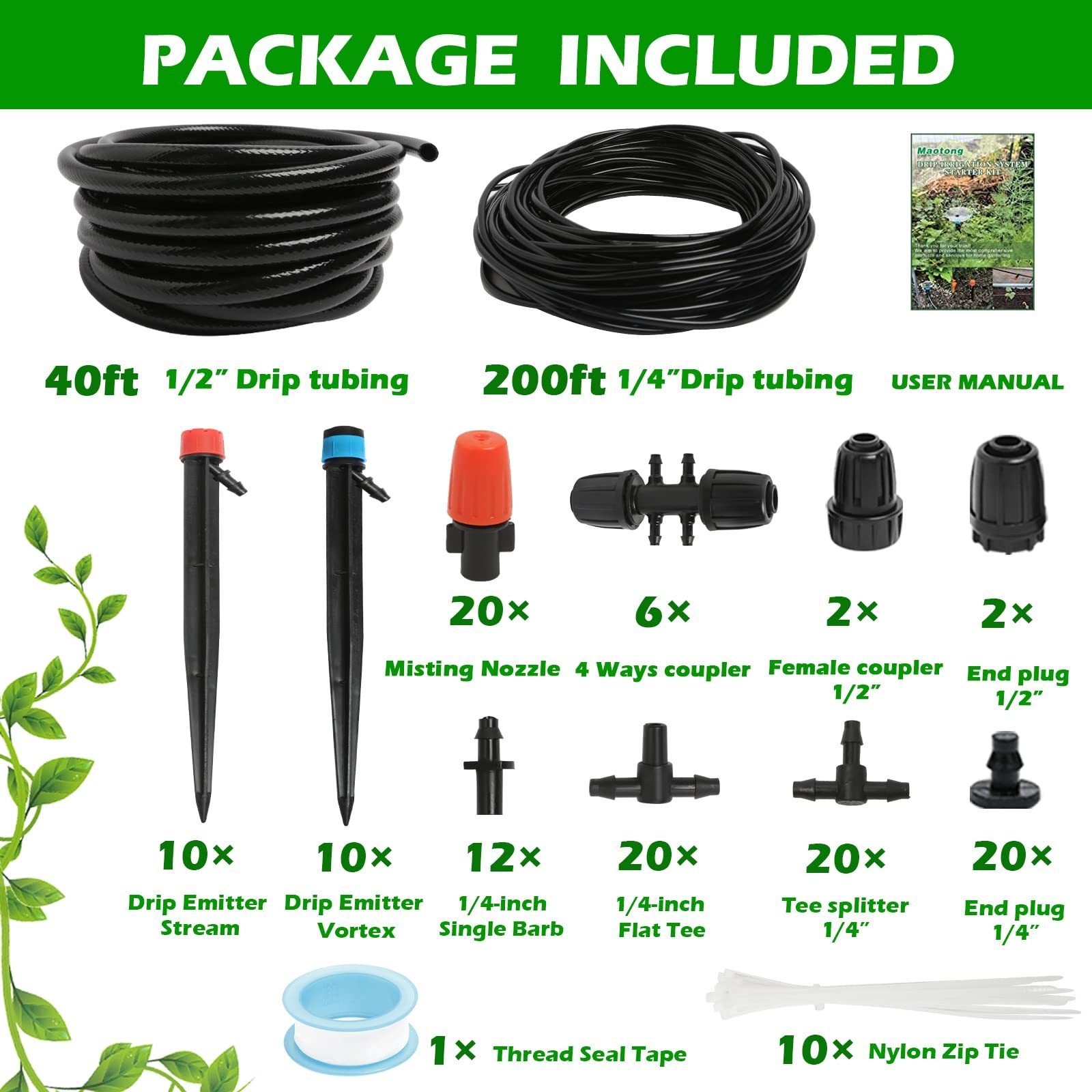 240FT Drip Irrigation System Kit, Automatic Garden Watering Misting System for Greenhouse, Yard, Lawn, Plant