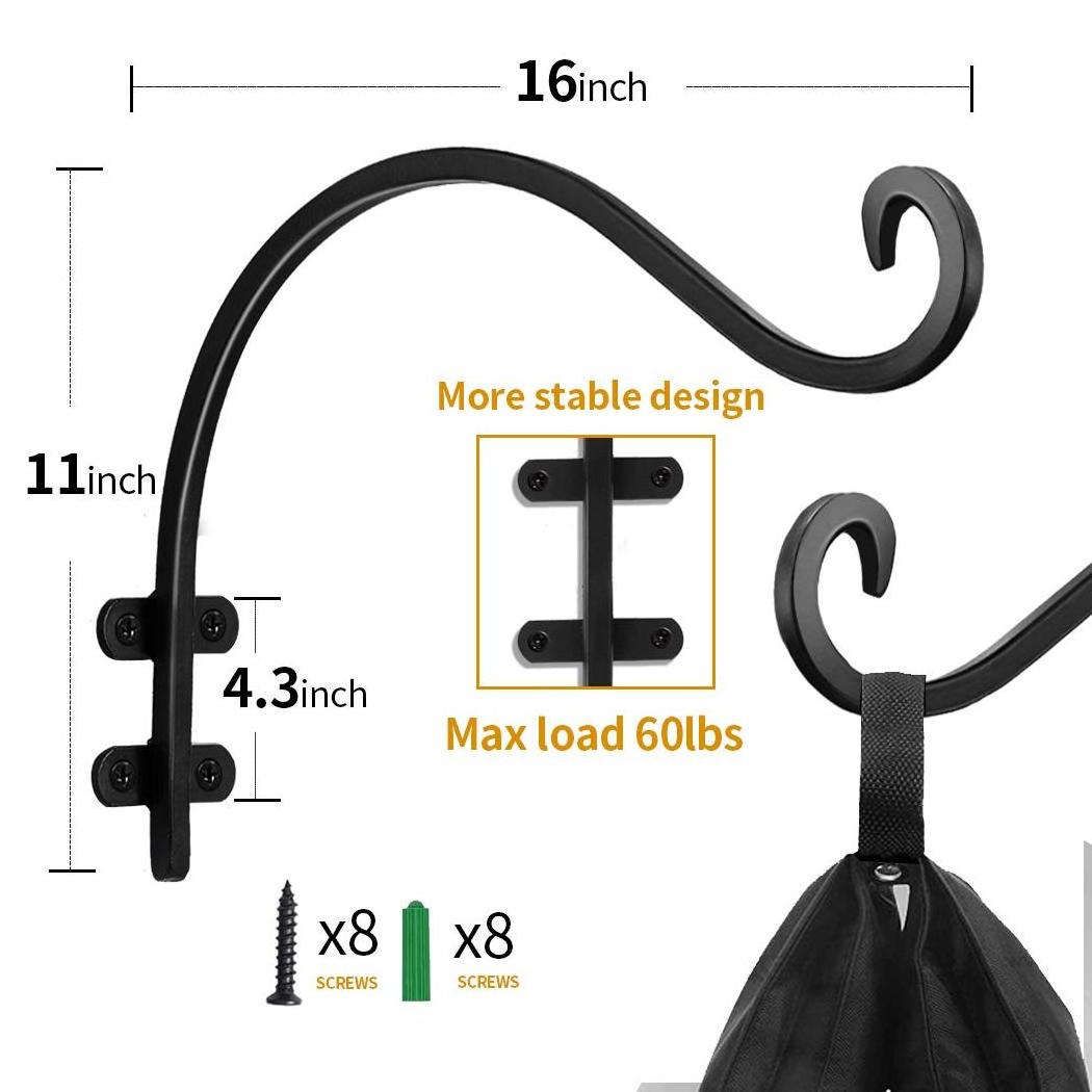 16 Inch Plant Hangers Outdoor Black Heavy Duty Plant Hanging Bracket Hook for Flowers Baskets Planter Pots Bird Feeder