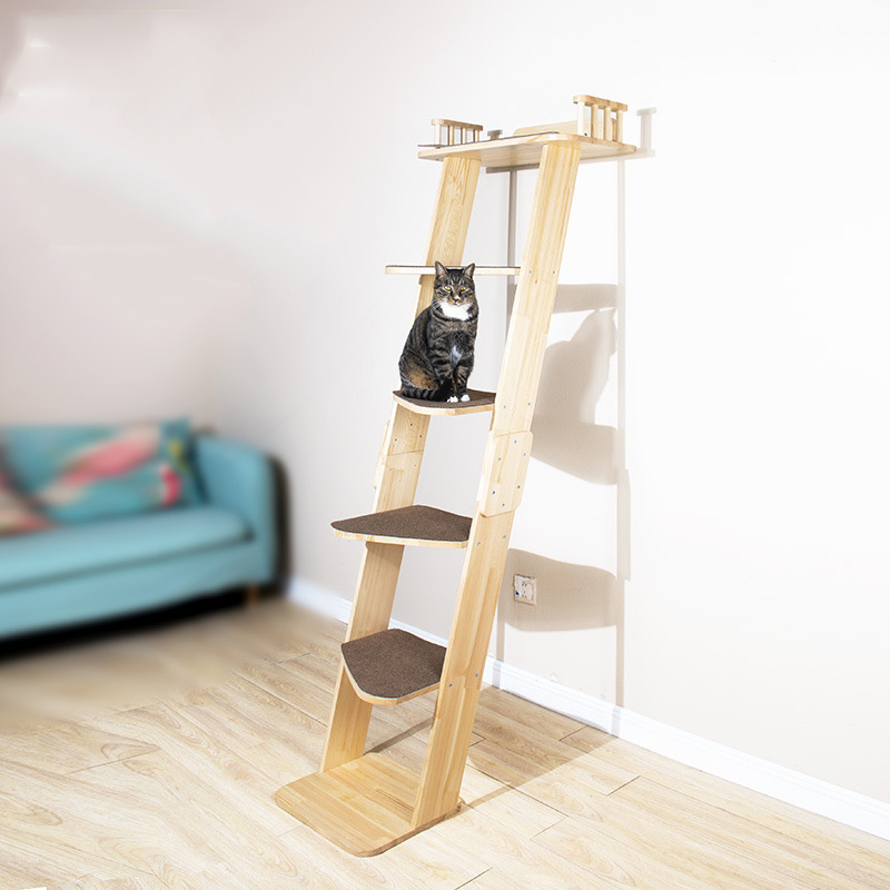 Cat Tree with Hammock, Tall Wall Mounted Wood Scratching Post for Indoor Cats Climbing Activity Tower