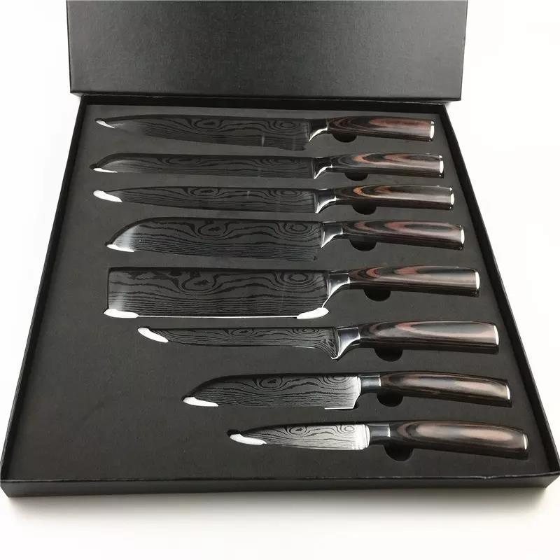 8pcs Kitchen Chef Knives Set Damascus Laser Pattern Slicing Knife Japanese 7CR17 440C High Carbon Stainless Steel 8 Inch