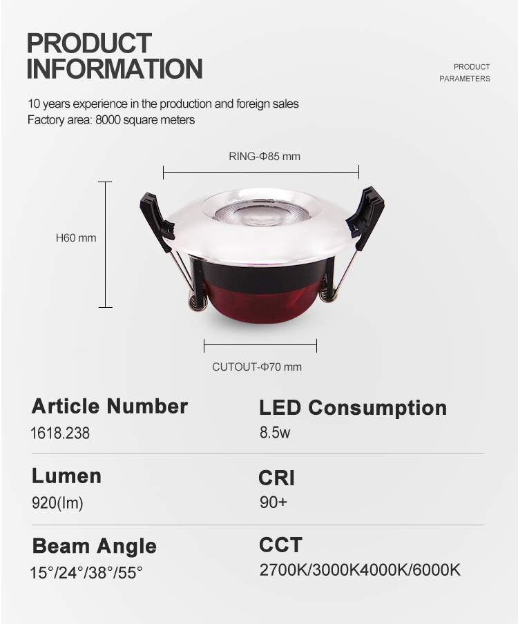 Custom Ip65 Fire Rated Ceiling Recessed COB Spot Light Anti Glare Led Spotlight