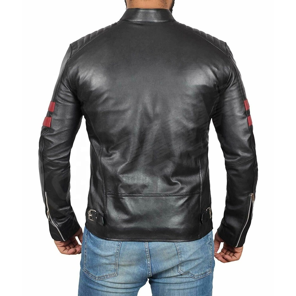 Mens Black-Quilted Red-Stripe Biker Outdoor-Racing Waterproof Fashion Leather Motorcycle Jacket