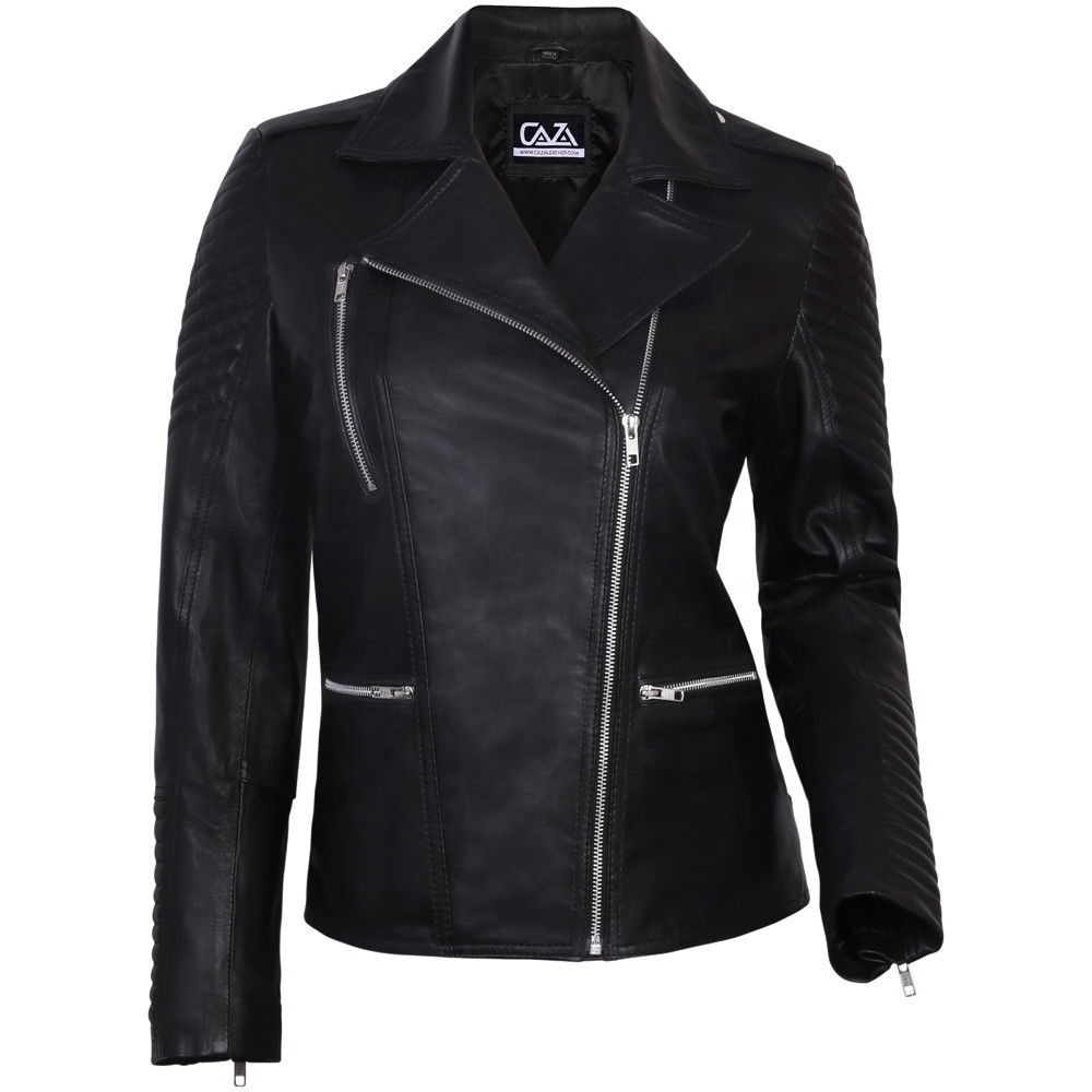 Women's Black Genuine Pu Leather-Tight Vintages-Biker Style Zip-Up Fashion Long-Zippers Jacket