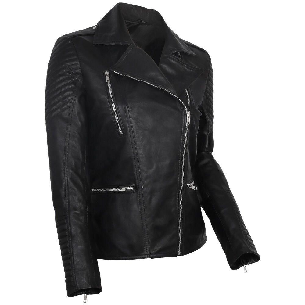 Women's Black Genuine Pu Leather-Tight Vintages-Biker Style Zip-Up Fashion Long-Zippers Jacket