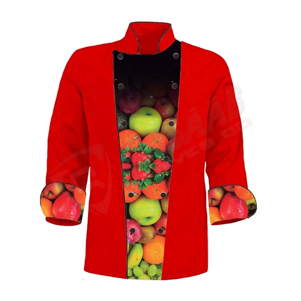 Fruit-Printings Long-Sleeves Patchwork-Chef Uniforms Fashion Chef-uniform Modern-Restaurant Japanese-style Chef Uniform