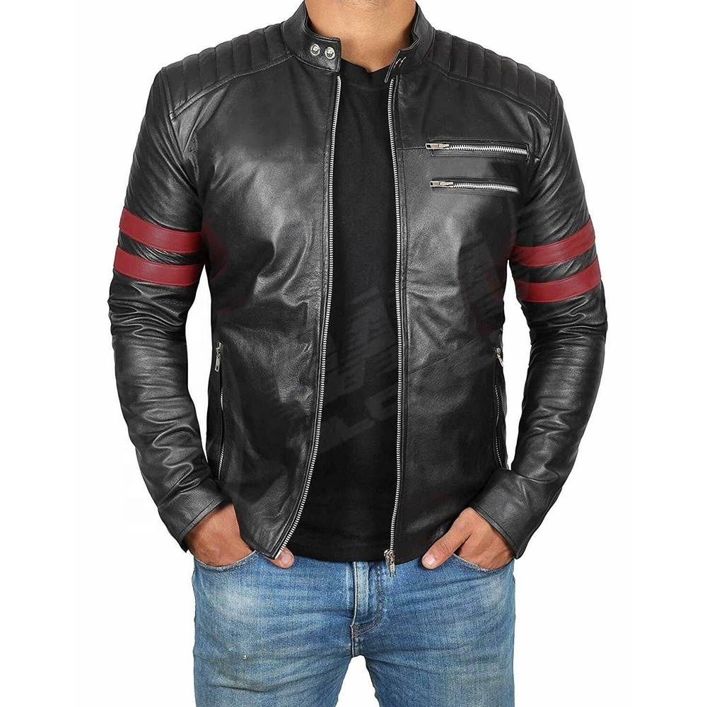 Mens Black-Quilted Red-Stripe Biker Outdoor-Racing Waterproof Fashion Leather Motorcycle Jacket