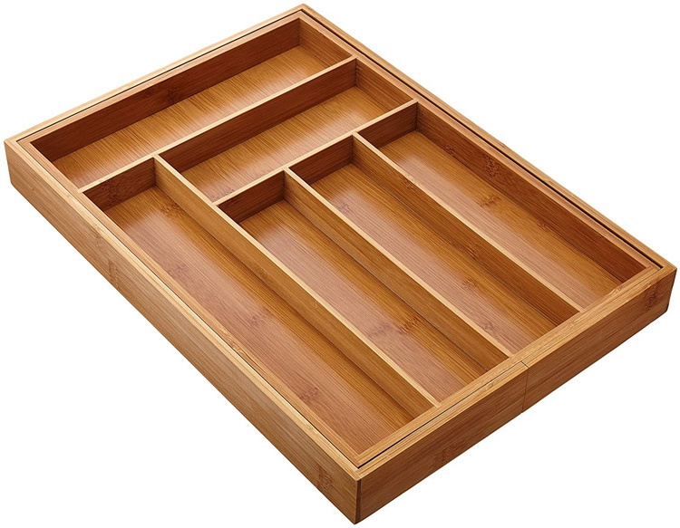 Silverware Utensil Cutlery Tray Bamboo wooden Drawer Dividers 5 Compartments Organizer