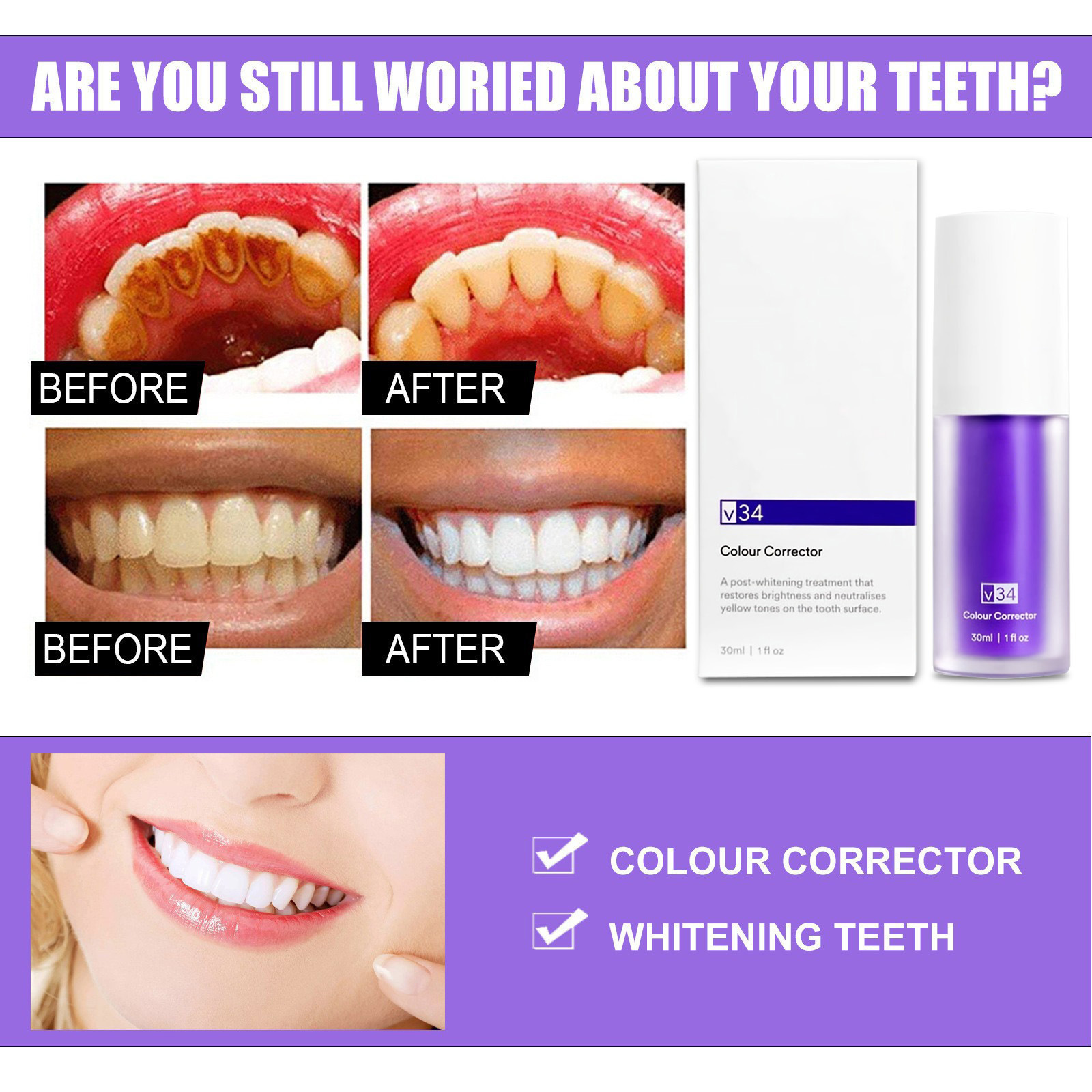 OEM 50ml Fluoride Free Professional Brighten V34 Colour Corrector Purple Teeth Whitening Toothpaste