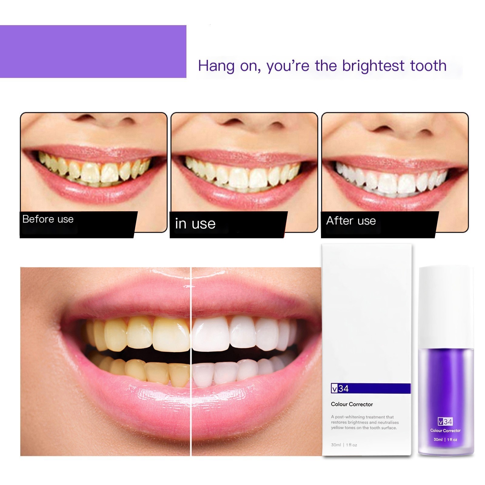 OEM 50ml Fluoride Free Professional Brighten V34 Colour Corrector Purple Teeth Whitening Toothpaste