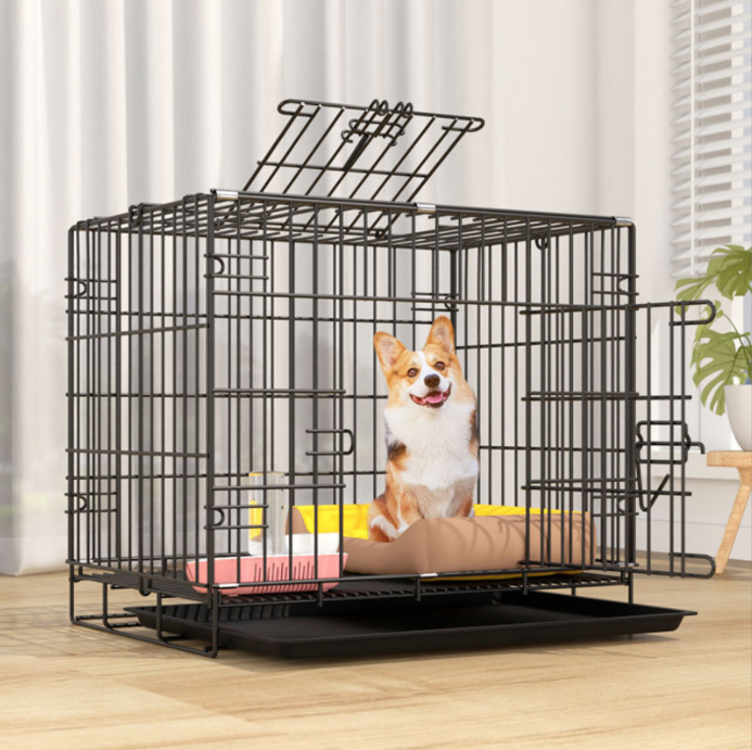 Qbellpet High Quality Pet Large Folding Dog Cage Mesh Pet Carrier Durable Black Metal Pet Crate for Outdoor Use Removable