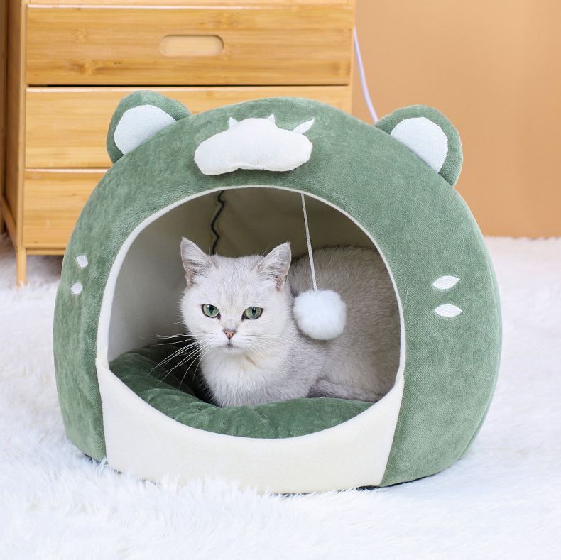 Qbellpet Green Small Dog Pet Nest Bed Soft Warm Semi Enclosed Cloud Short Egg Plush Animal Shaped Cute Pet Cat Nest Bed With Toy