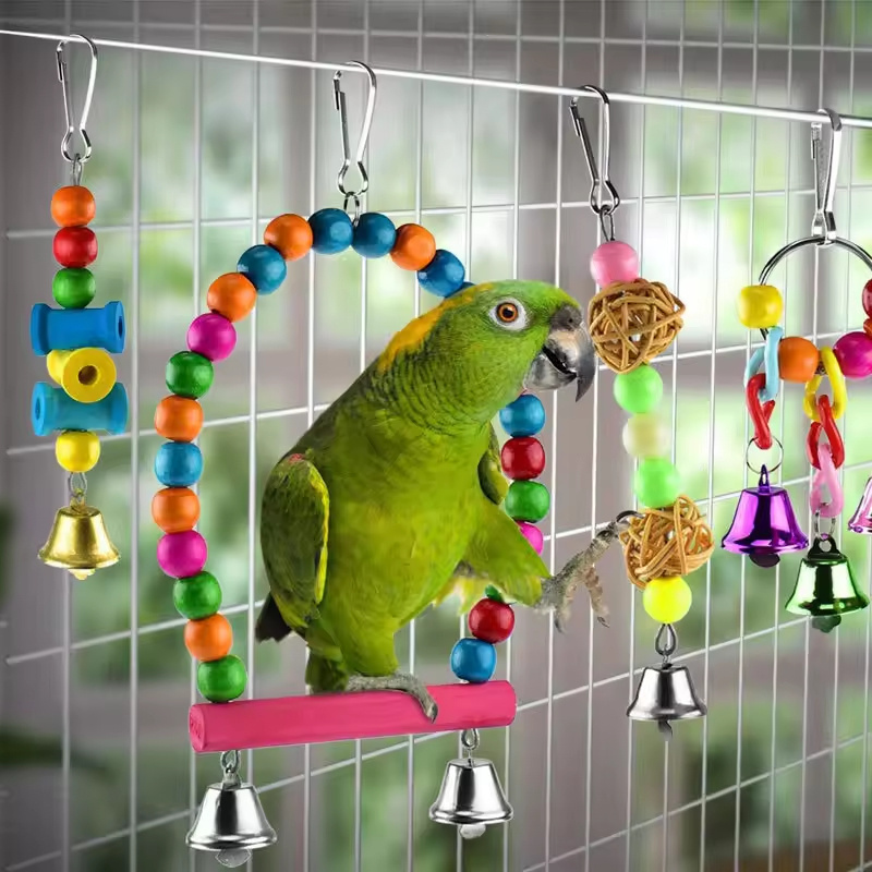 Qbellpet 2024 New Manufacturers Selling 6pack Natural Wood Hanging Bell Bird Cage Hammock Swing Climb Ladder Chewing Toy