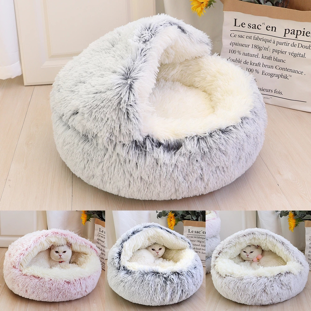 New Warm Dog Cat Bed Round Long Plush Cat House Cave Pet Kitten Cushion Basket Sleeping Mat for Cats Small Dog Chihuahua Nest