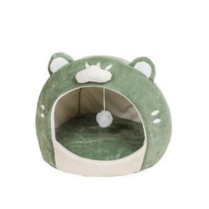 Qbellpet Green Small Dog Pet Nest Bed Soft Warm Semi Enclosed Cloud Short Egg Plush Animal Shaped Cute Pet Cat Nest Bed With Toy