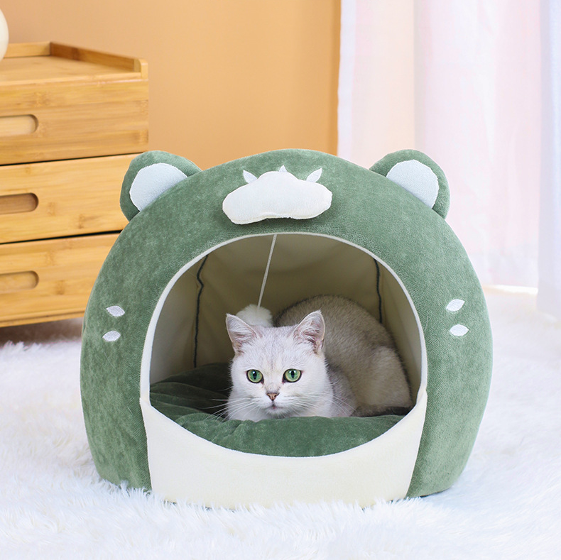 Qbellpet Green Small Dog Pet Nest Bed Soft Warm Semi Enclosed Cloud Short Egg Plush Animal Shaped Cute Pet Cat Nest Bed With Toy