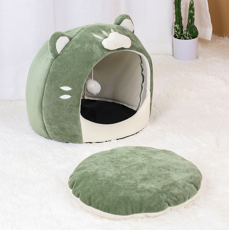 Qbellpet Green Small Dog Pet Nest Bed Soft Warm Semi Enclosed Cloud Short Egg Plush Animal Shaped Cute Pet Cat Nest Bed With Toy