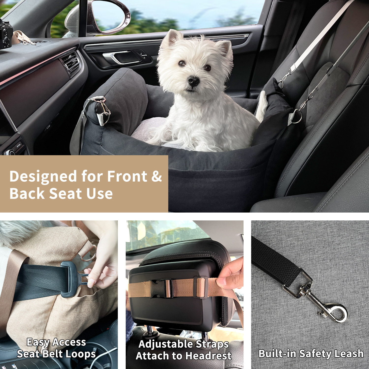 Qbell Dog Car Booster Seat travel and outdoor pet bed Car Seat for Dogs with Removable Pillow Safety Belt Washable Pet sofa bed