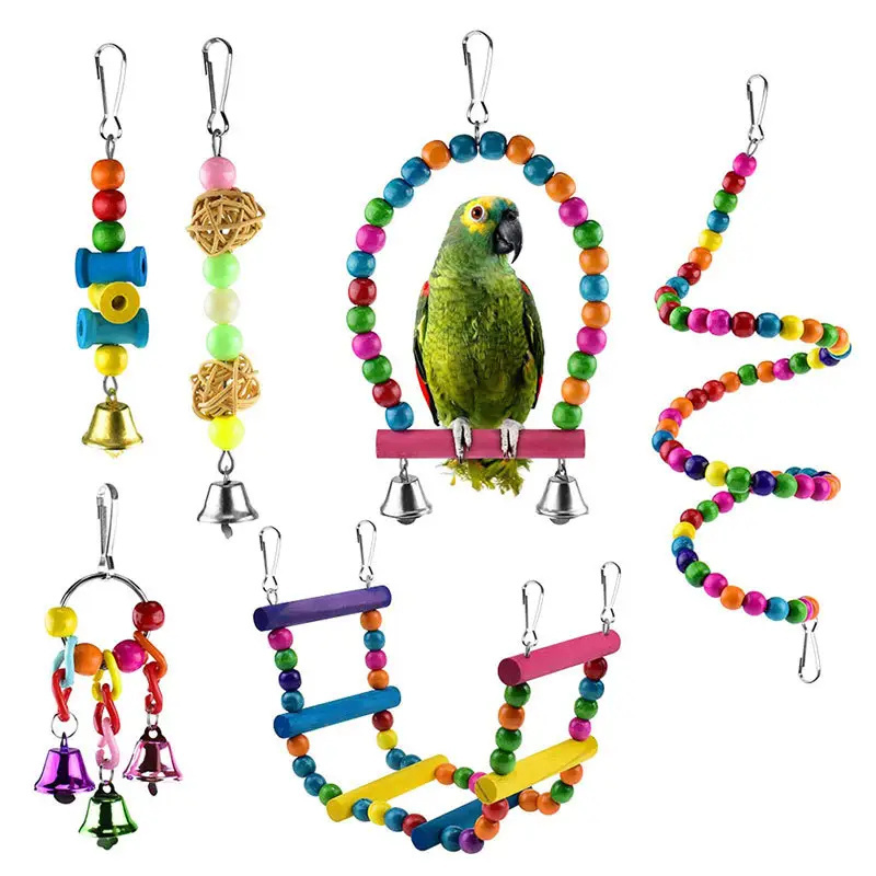 Qbellpet 2024 New Manufacturers Selling 6pack Natural Wood Hanging Bell Bird Cage Hammock Swing Climb Ladder Chewing Toy