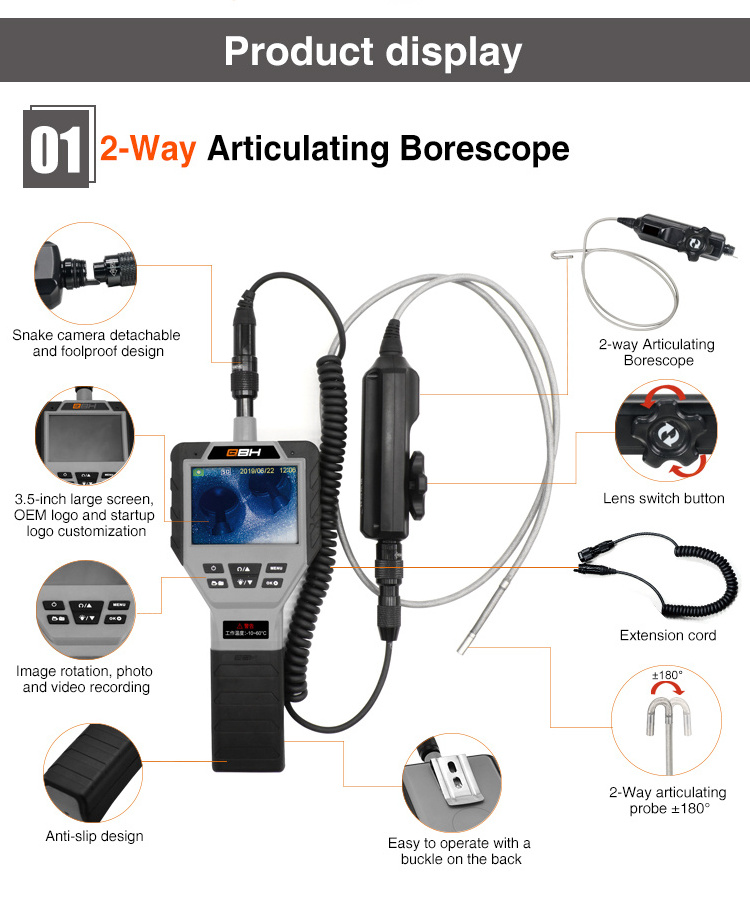 factory price  two way articulating borescope 3.5 inch LED screen obd2 scanner 360 degree rotation endoscope inspection camera