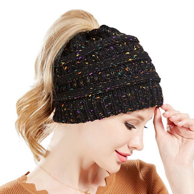 Custom High Quality Blank Ponytail Beanie Yarn Knitted Hat Custom Beanie without Cuff