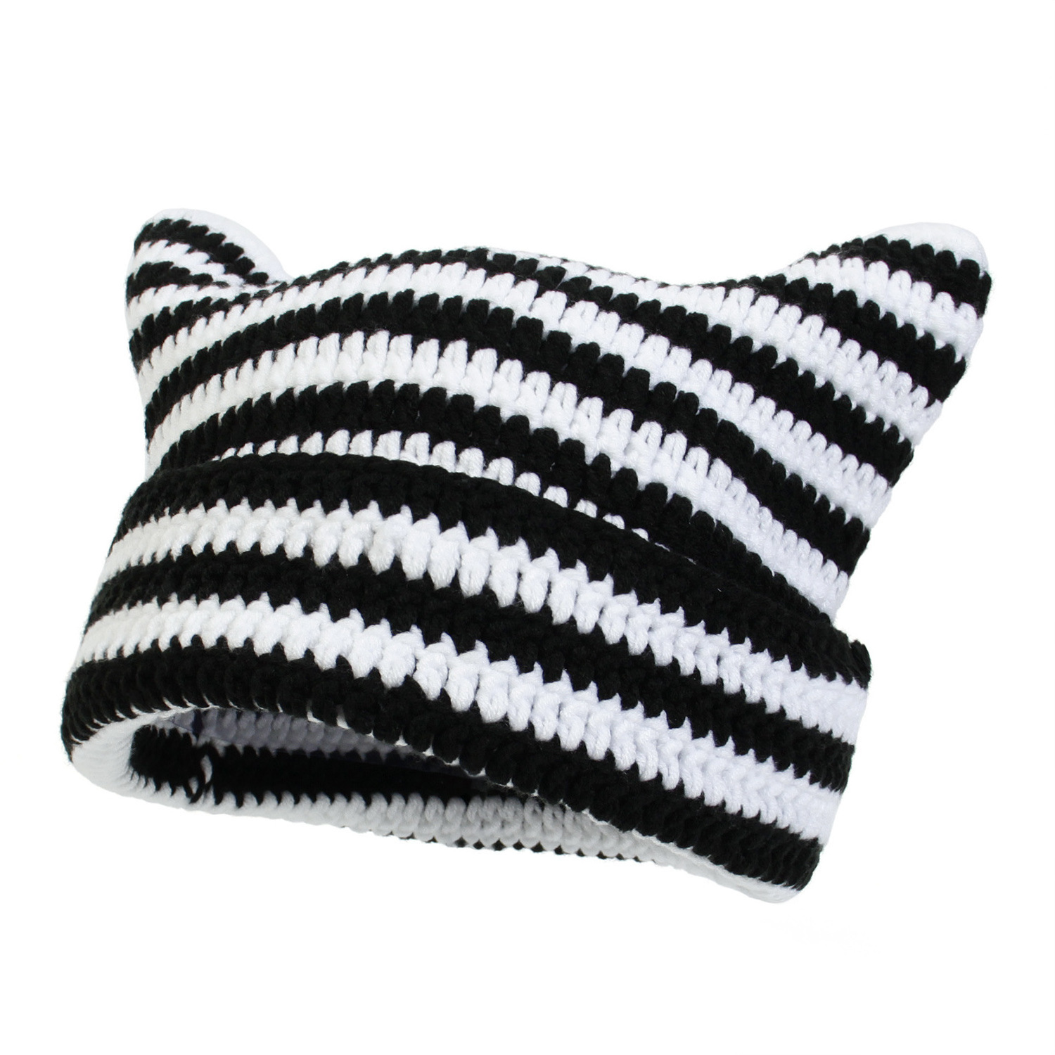 Lovely Stripe Beanie Crochet Wool Hat Winter Warm Beanie with Cat Ears