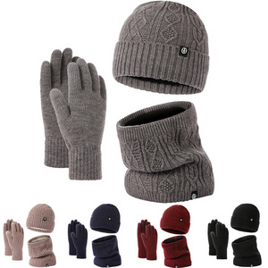 3 Pieces Sets New Winter Warm Beanie Hat Glove and Scarf Sets Knit Cuffed Beanies Scarves and Gloves Set