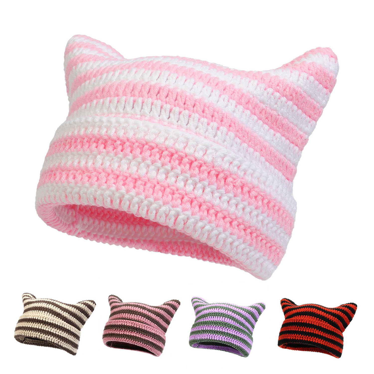 Lovely Stripe Beanie Crochet Wool Hat Winter Warm Beanie with Cat Ears