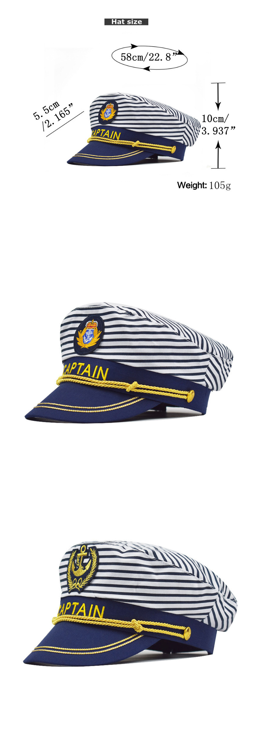 Fashion Child Unisex Blue Stripe Sailor Cap Custom Navy Captain Hat for Party