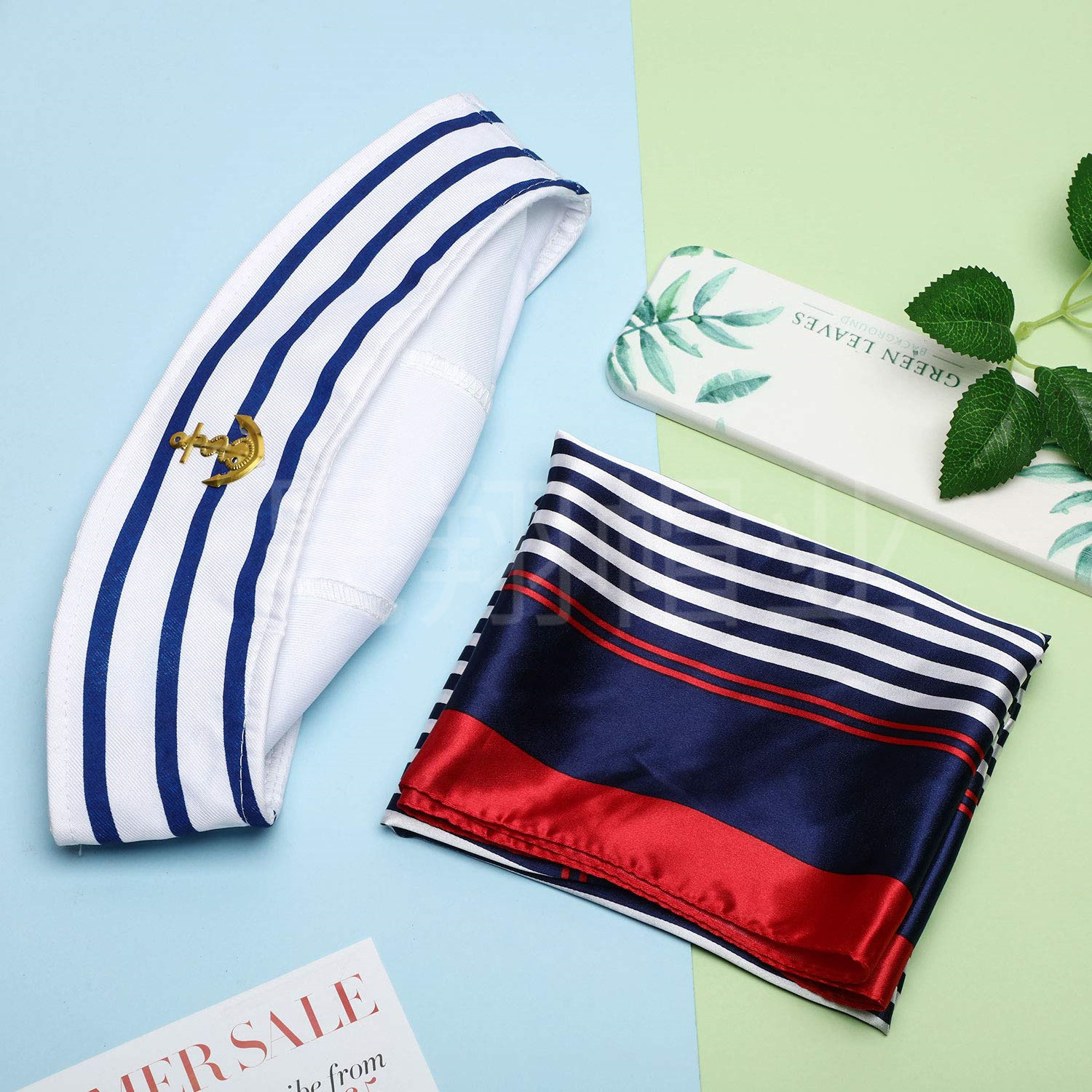 New Fashion Party White Yacht Hat Wholesale Sailor Custom Blue and white striped Captain Hat with silk scarf