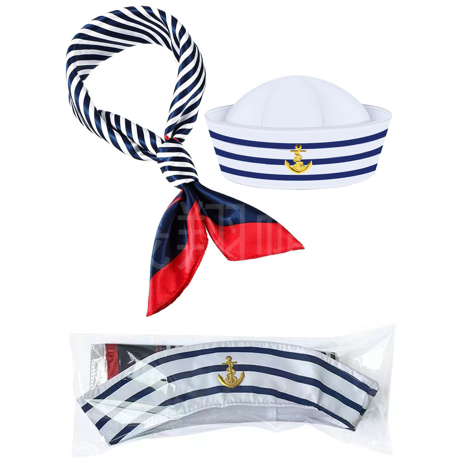 New Fashion Party White Yacht Hat Wholesale Sailor Custom Blue and white striped Captain Hat with silk scarf