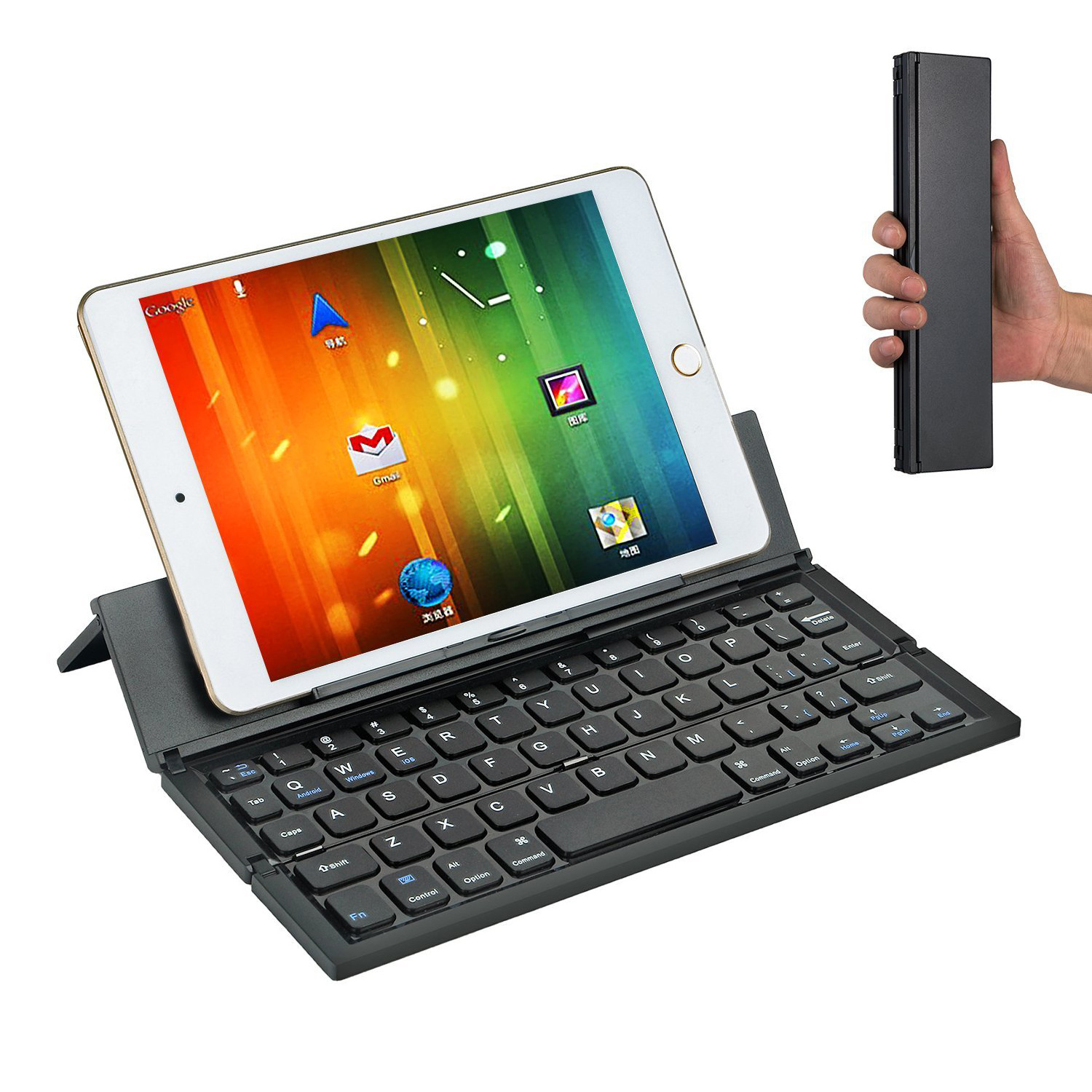 Mini Folding BT Wireless rechargeable Keyboard with Leather cover bracket For Laptop Windows Android ios Tablet