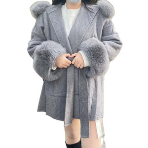 QIUCHEN QC21005-2 Wholesale Fashion Women Winter Extra Big Fox Cuffs Wool Fur Coat