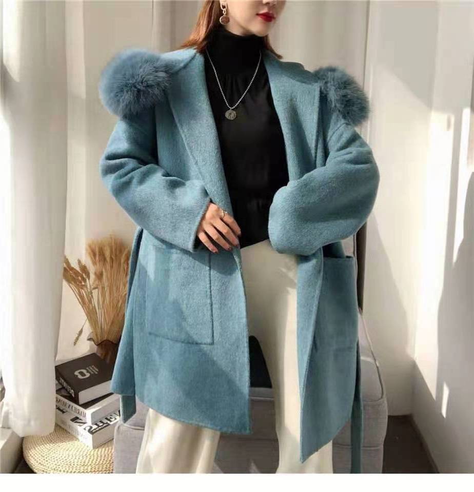 QIUCHEN JM2001 winter women long alpaca wool jacket with fox fur hood double face wool coat