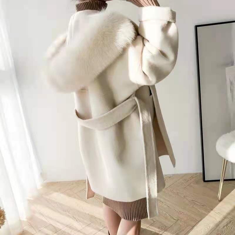 QIUCHEN JM2001 winter women long alpaca wool jacket with fox fur hood double face wool coat