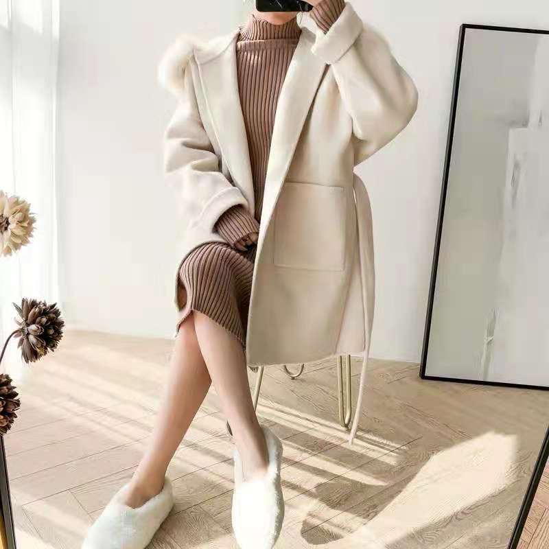 QIUCHEN JM2001 winter women long alpaca wool jacket with fox fur hood double face wool coat