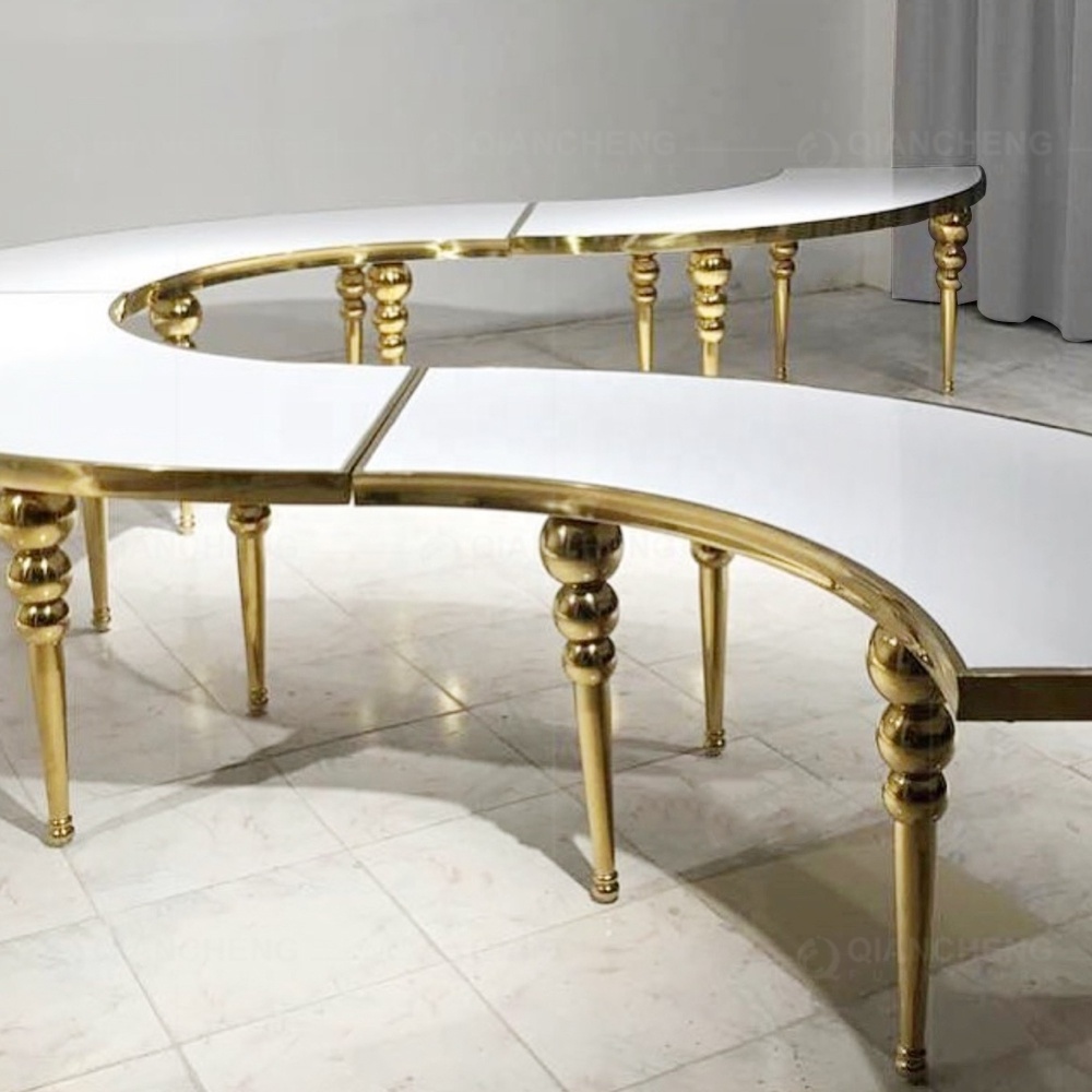 luxury round S shape wedding table white glass top gold stainless steel leg event party restaurant hotel table