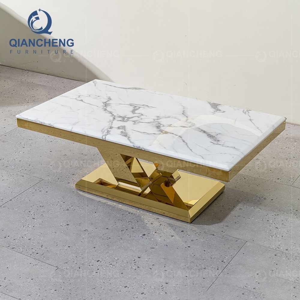 luxury design OEM coffee table gold marble top hotsale stainless steel side table with tea table set