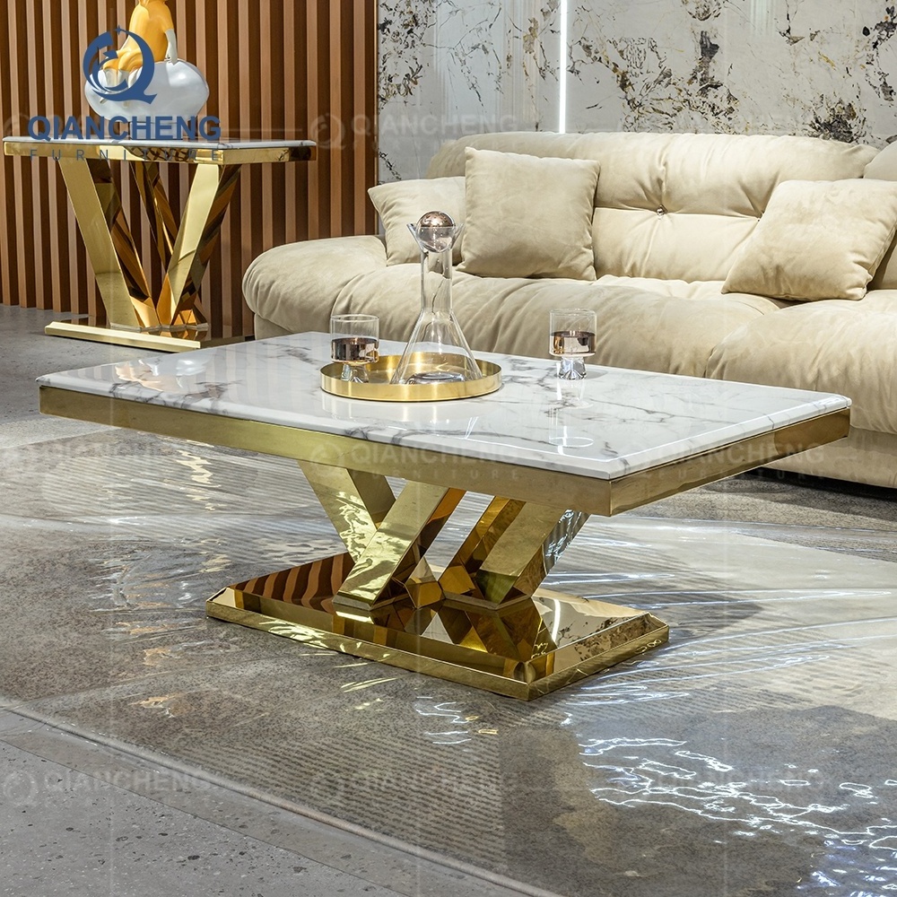 luxury design OEM coffee table gold marble top hotsale stainless steel side table with tea table set