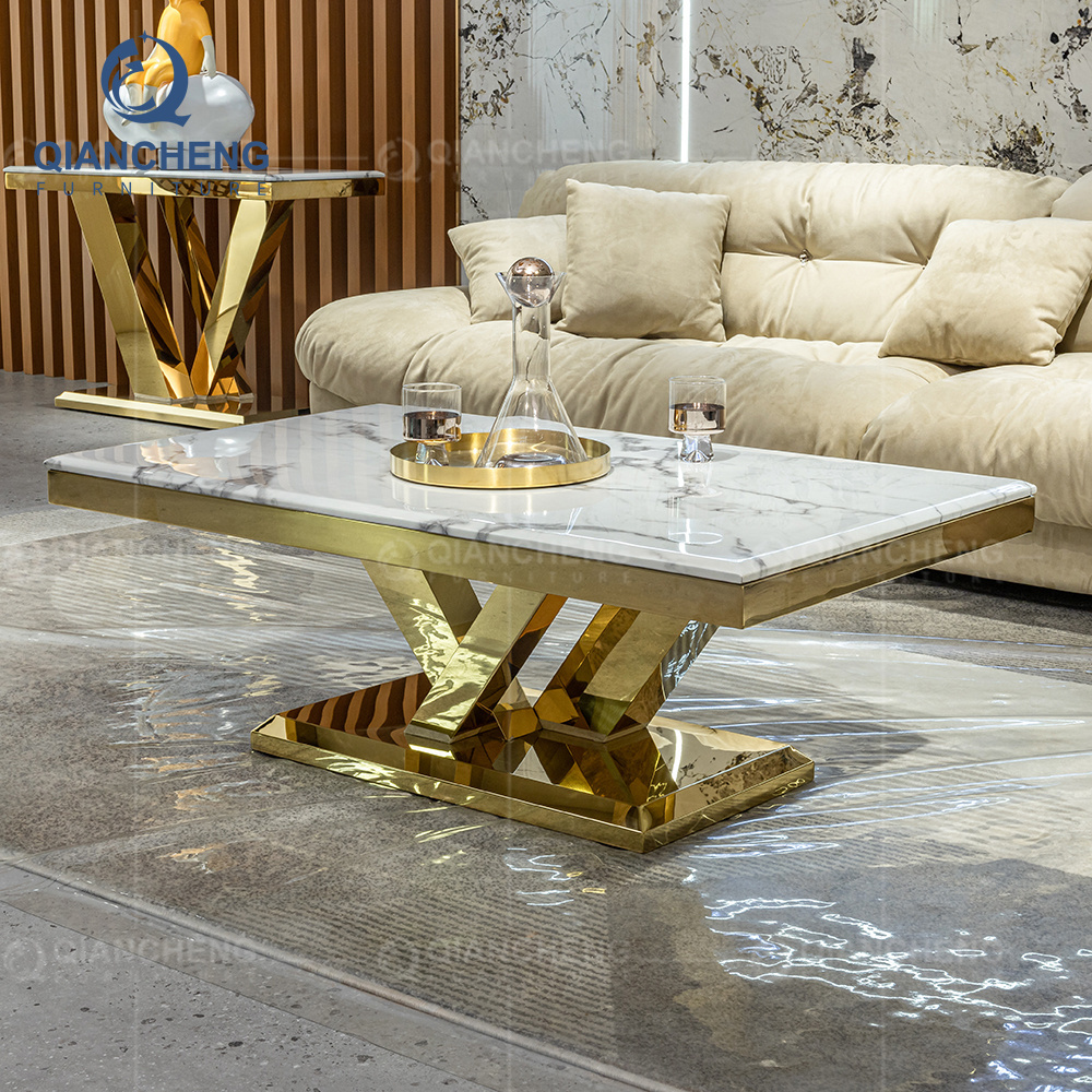 luxury design OEM coffee table gold marble top hotsale stainless steel side table with tea table set