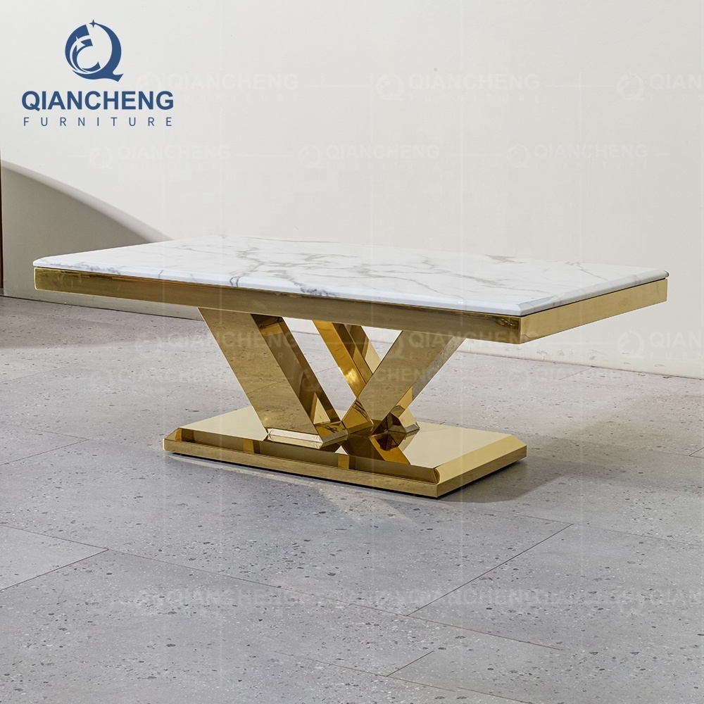 luxury design OEM coffee table gold marble top hotsale stainless steel side table with tea table set