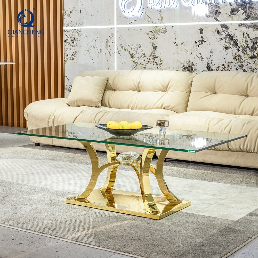 luxury living room balcony hotel mirror glass coffee table modern gold stainless steel diamonds decorate coffee table