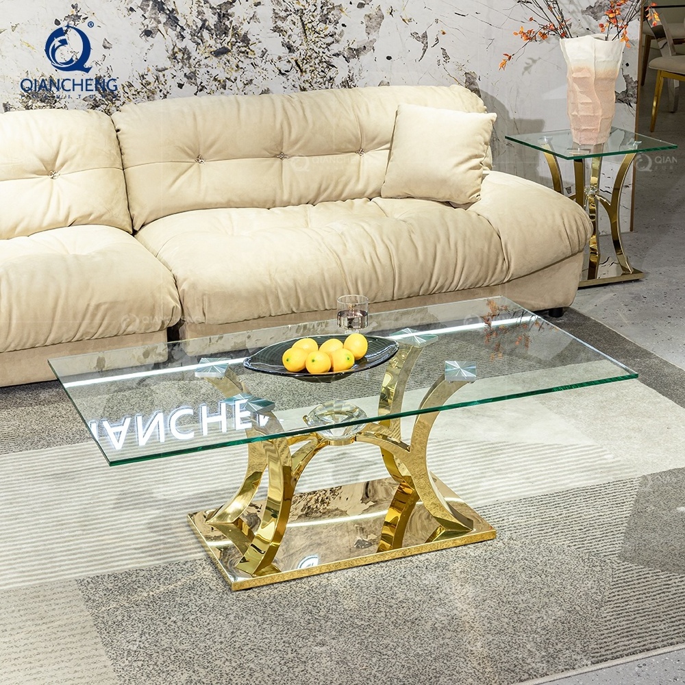 luxury living room balcony hotel mirror glass coffee table modern gold stainless steel diamonds decorate coffee table