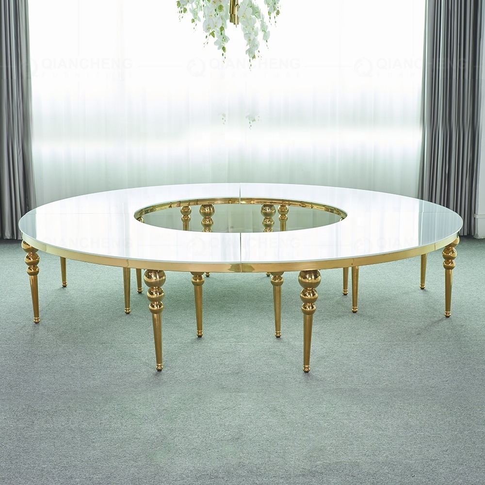 luxury round S shape wedding table white glass top gold stainless steel leg event party restaurant hotel table