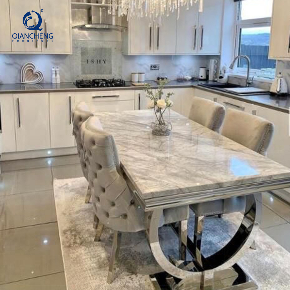 Luxury Stylish blue stainless steel marble dinning table set dining room furniture