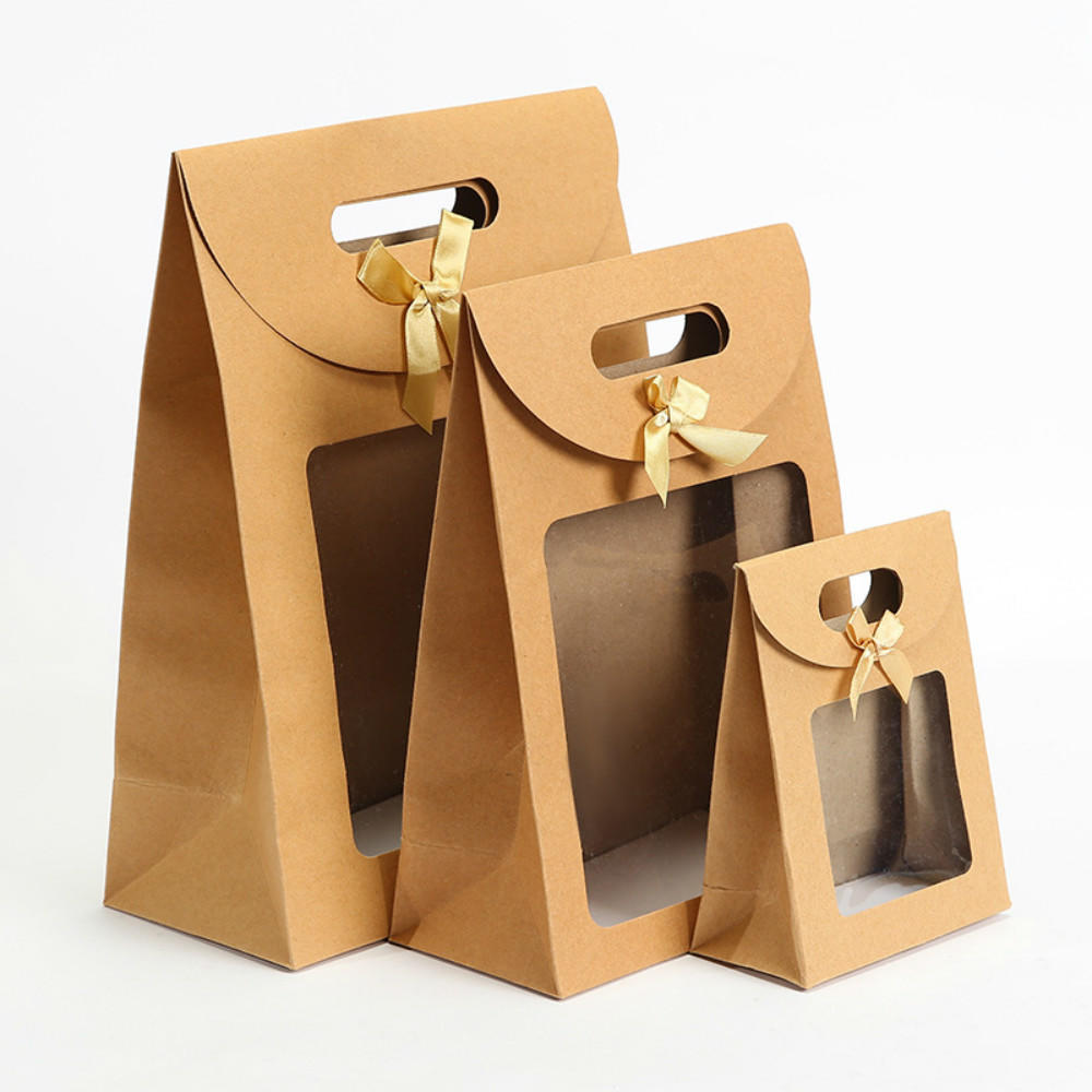 Custom Christmas Gift Wine Wedding Pvc Transparent Clear Window Kraft Paper Packaging Bags for Small Business