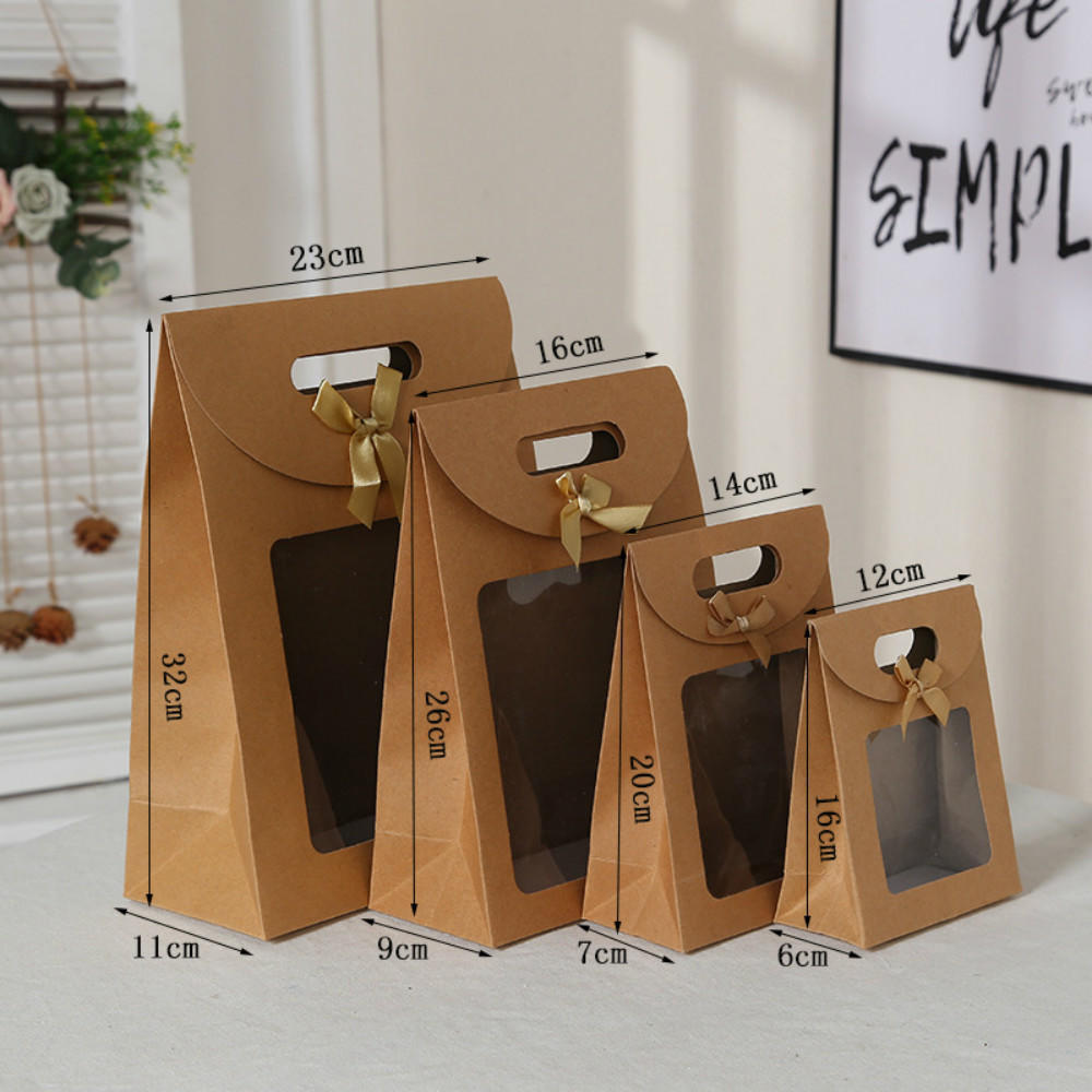 Custom Christmas Gift Wine Wedding Pvc Transparent Clear Window Kraft Paper Packaging Bags for Small Business