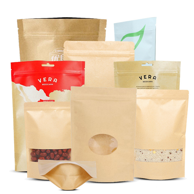 Free Sample Food Packaging Brown Kraft Paper Bag with Clear Window Display Stand Up Pouch with Zipper Lock